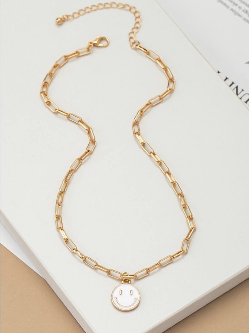 Happy Smile Face Necklace White Pendant Paperclip Chain